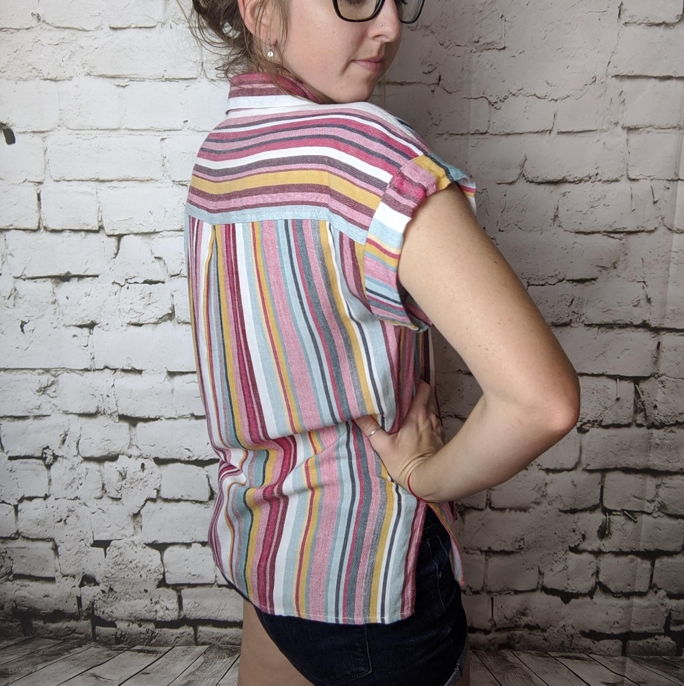 Aqua Multi Colored Striped Button Down - Picture 4 of 12